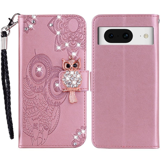 For Google Pixel 9 Pro  /  Pixel 9 Wallet Case Owl Flower Imprinted Rhinestone Leather Cover - Rose Gold