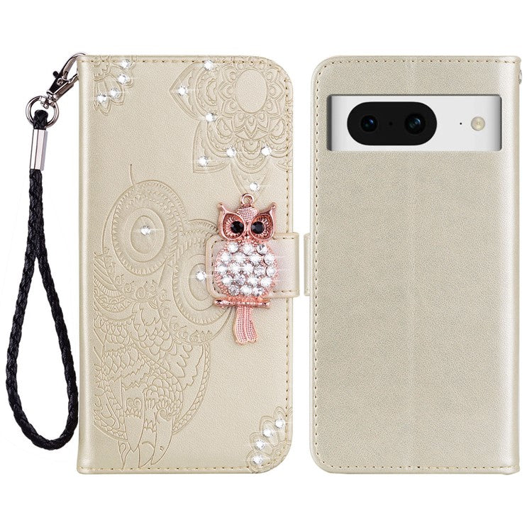 For Google Pixel 9 Pro  /  Pixel 9 Wallet Case Owl Flower Imprinted Rhinestone Leather Cover - Gold