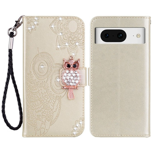 For Google Pixel 9 Pro  /  Pixel 9 Wallet Case Owl Flower Imprinted Rhinestone Leather Cover - Gold