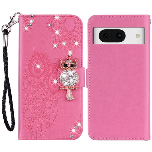 For Google Pixel 9 Pro  /  Pixel 9 Wallet Case Owl Flower Imprinted Rhinestone Leather Cover - Rose