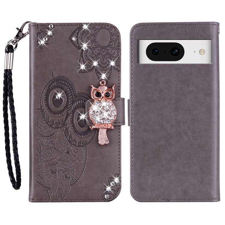 For Google Pixel 9 Pro  /  Pixel 9 Wallet Case Owl Flower Imprinted Rhinestone Leather Cover - Grey