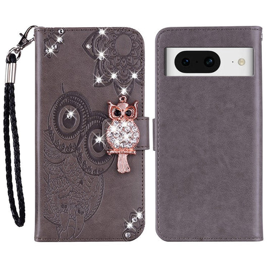 For Google Pixel 9 Pro  /  Pixel 9 Wallet Case Owl Flower Imprinted Rhinestone Leather Cover - Grey