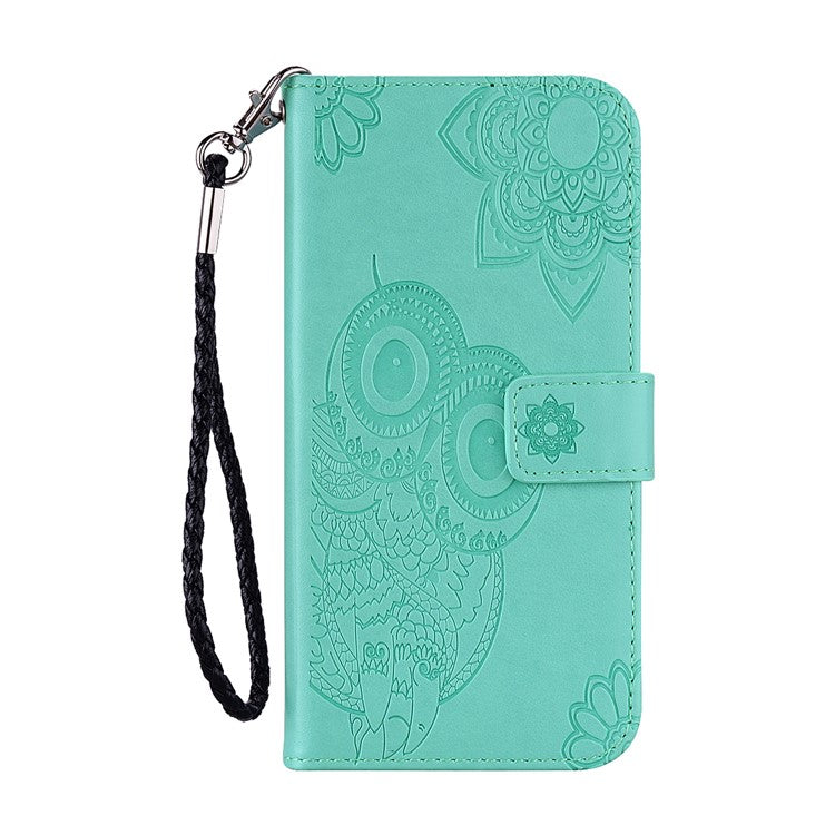 For iPhone 16 Pro Case Owl Flower Imprinted Leather Cover Wallet with Strap - Cyan