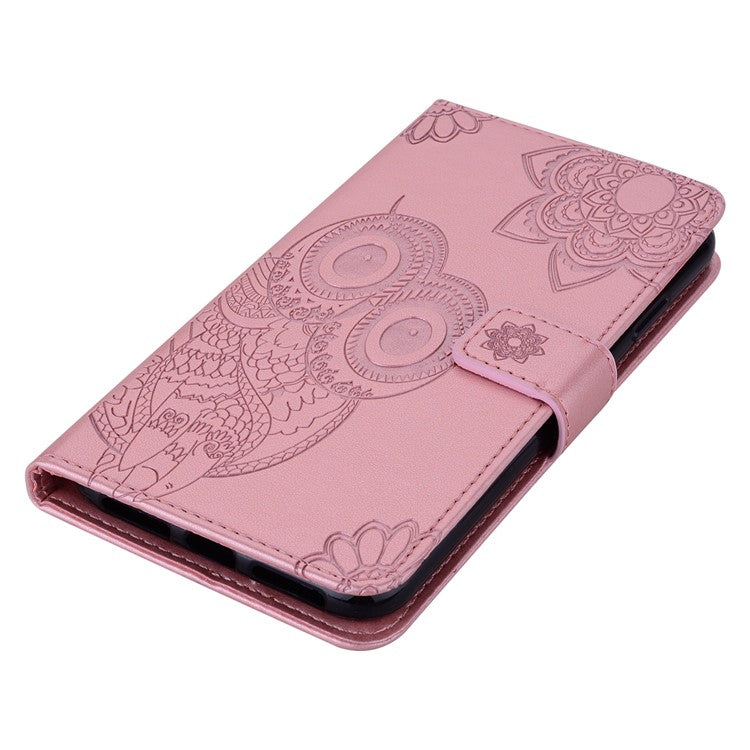For iPhone 16 Pro Case Owl Flower Imprinted Leather Cover Wallet with Strap - Rose Gold