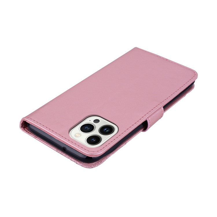 For iPhone 16 Pro Case Owl Flower Imprinted Leather Cover Wallet with Strap - Rose Gold