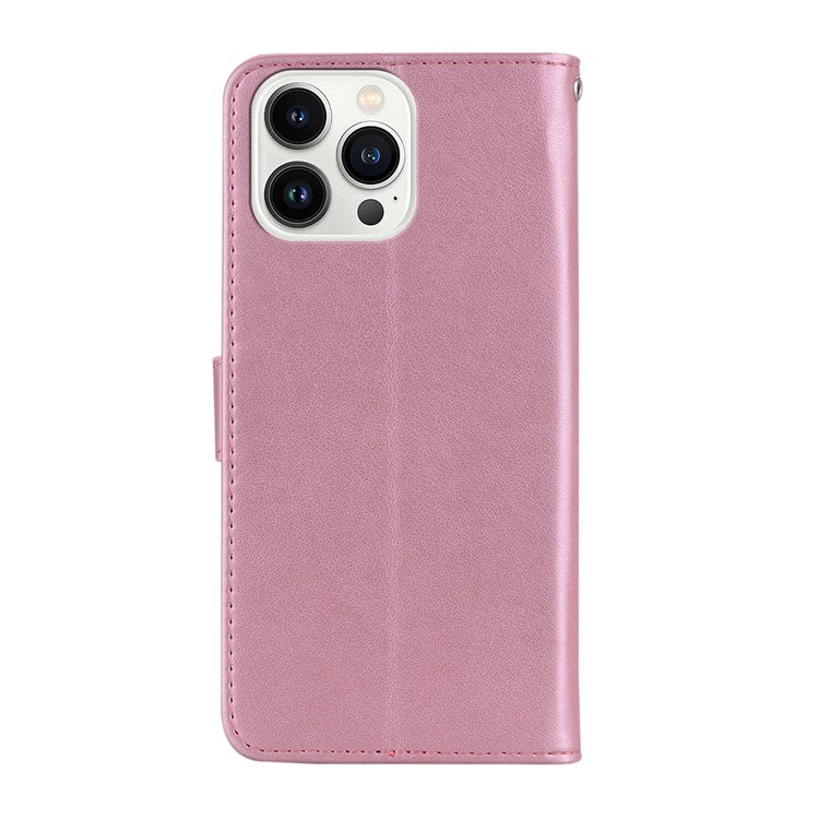 For iPhone 16 Pro Case Owl Flower Imprinted Leather Cover Wallet with Strap - Rose Gold