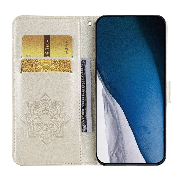 For iPhone 16 Pro Case Owl Flower Imprinted Leather Cover Wallet with Strap - Gold