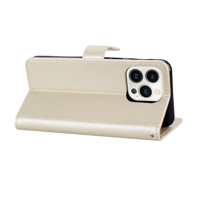 For iPhone 16 Pro Case Owl Flower Imprinted Leather Cover Wallet with Strap - Gold