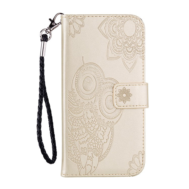 For iPhone 16 Pro Case Owl Flower Imprinted Leather Cover Wallet with Strap - Gold