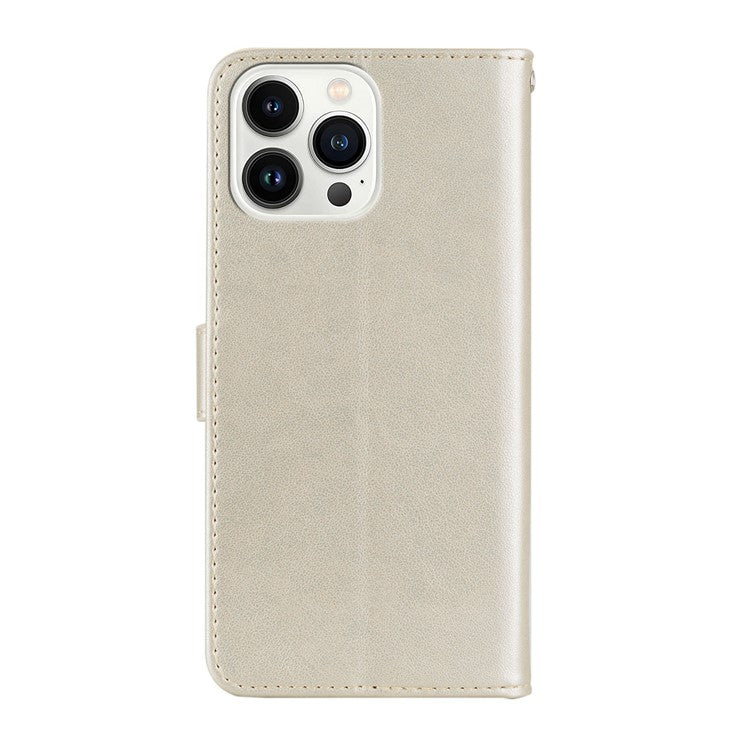 For iPhone 16 Pro Case Owl Flower Imprinted Leather Cover Wallet with Strap - Gold