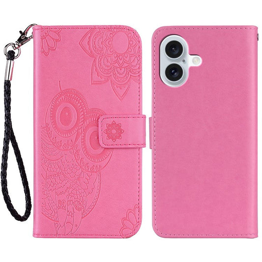 For iPhone 16 Plus Case Owl Flower Imprinted Leather Cover Wallet with Strap - Rose