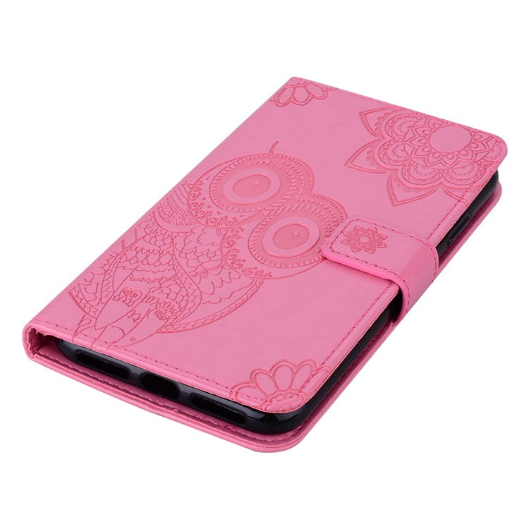 For iPhone 16 Plus Case Owl Flower Imprinted Leather Cover Wallet with Strap - Rose