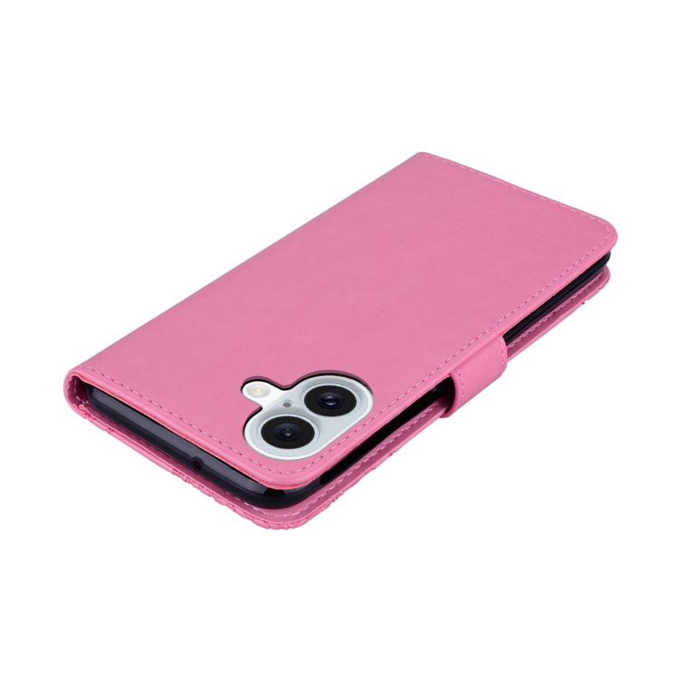 For iPhone 16 Plus Case Owl Flower Imprinted Leather Cover Wallet with Strap - Rose