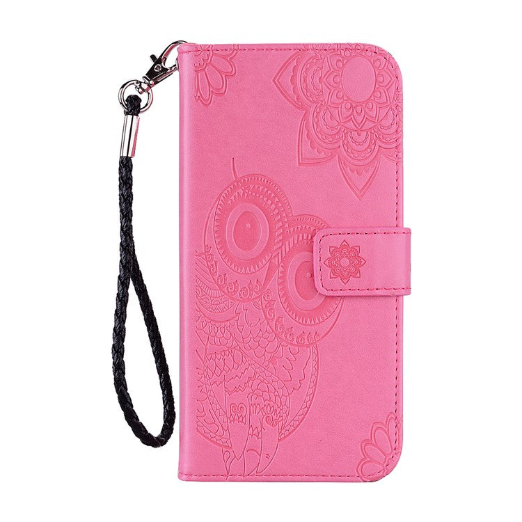 For iPhone 16 Plus Case Owl Flower Imprinted Leather Cover Wallet with Strap - Rose