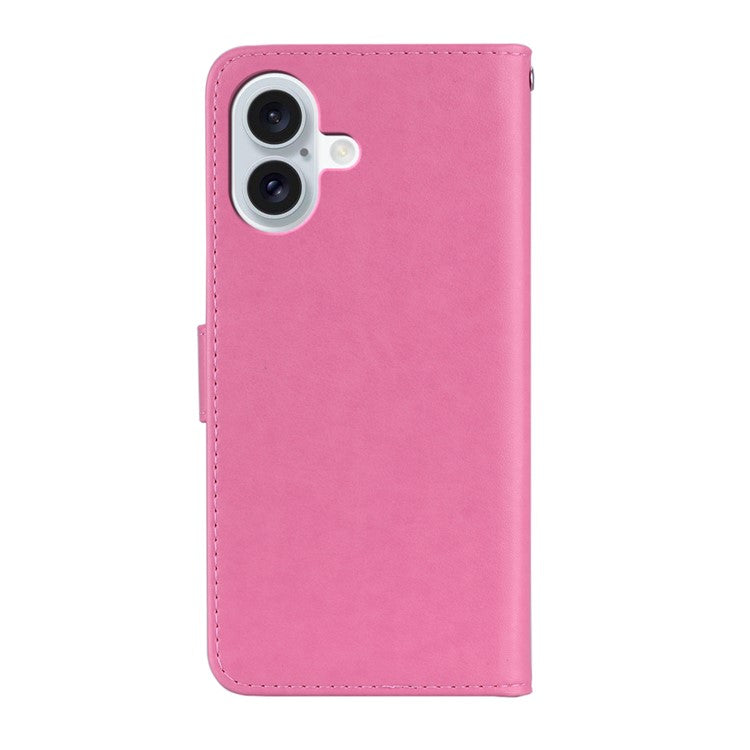 For iPhone 16 Plus Case Owl Flower Imprinted Leather Cover Wallet with Strap - Rose