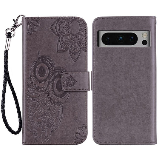 For Google Pixel 9 Pro XL Case Owl Flower Imprinted Leather Cover Wallet with Strap - Grey