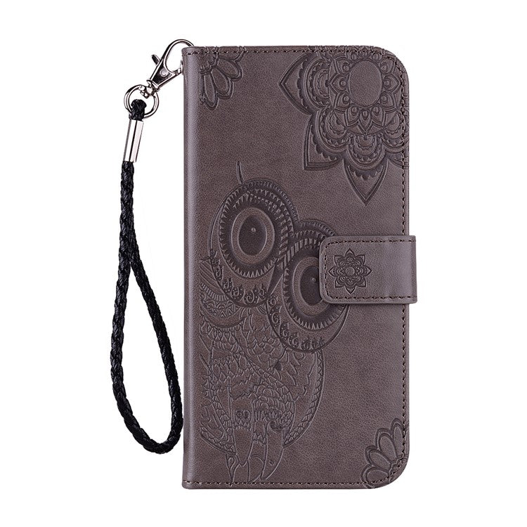 For Google Pixel 9 Pro XL Case Owl Flower Imprinted Leather Cover Wallet with Strap - Grey