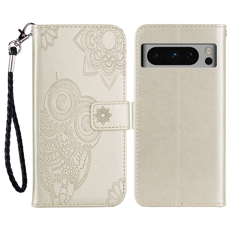 For Google Pixel 9 Pro XL Case Owl Flower Imprinted Leather Cover Wallet with Strap - Gold