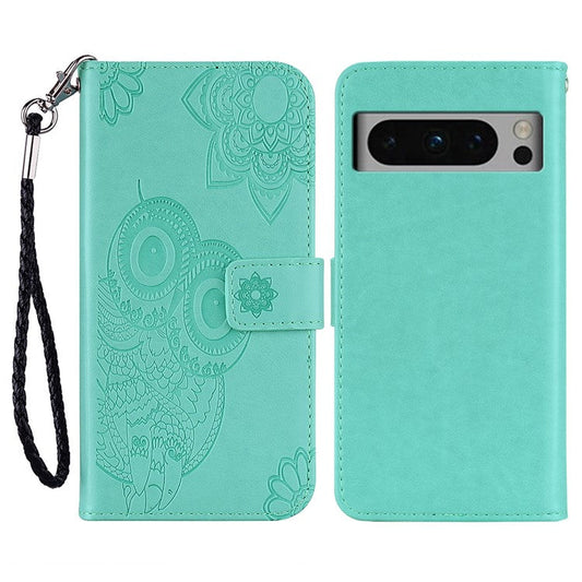 For Google Pixel 9 Pro XL Case Owl Flower Imprinted Leather Cover Wallet with Strap - Cyan