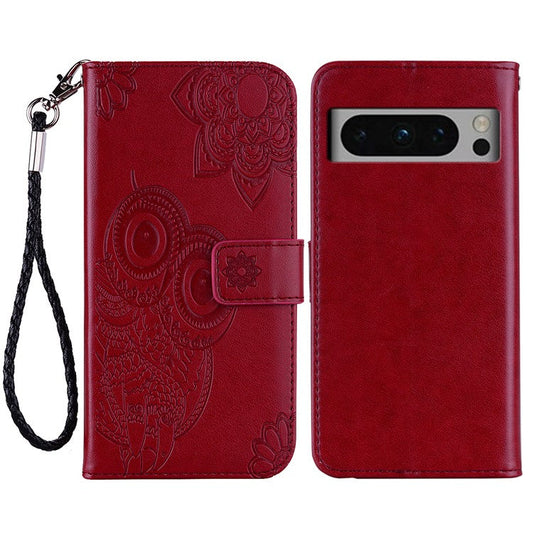For Google Pixel 9 Pro XL Case Owl Flower Imprinted Leather Cover Wallet with Strap - Red