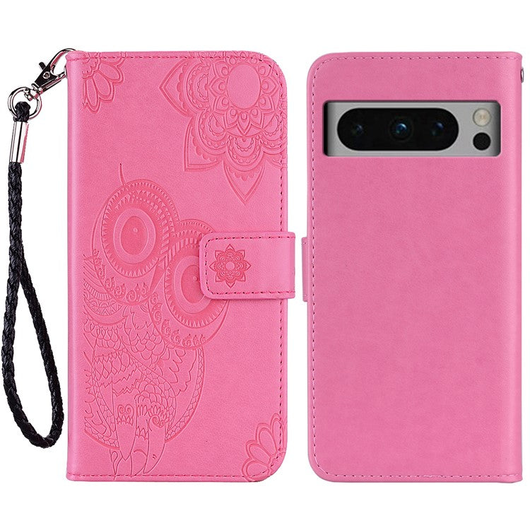 For Google Pixel 9 Pro XL Case Owl Flower Imprinted Leather Cover Wallet with Strap - Rose