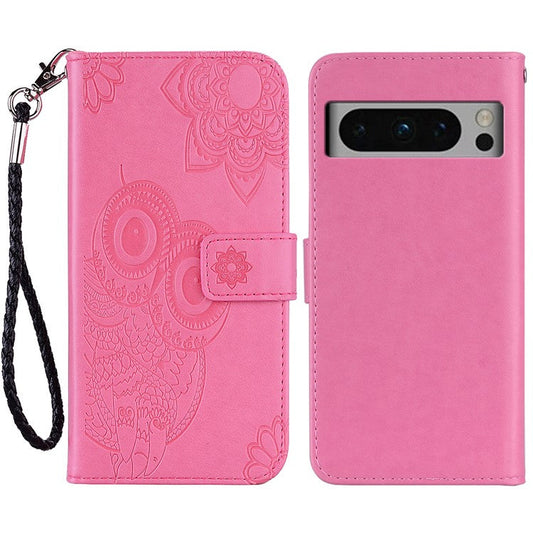 For Google Pixel 9 Pro XL Case Owl Flower Imprinted Leather Cover Wallet with Strap - Rose