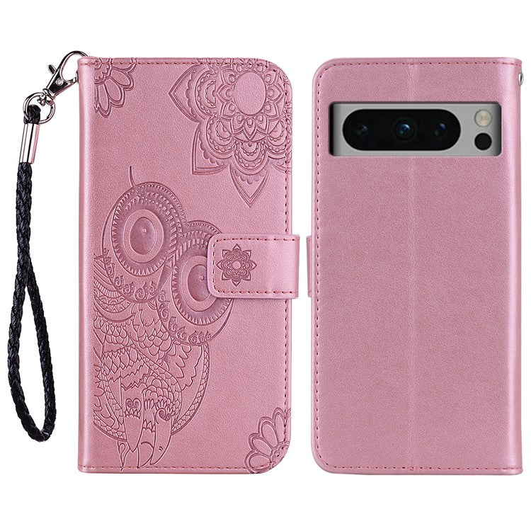 For Google Pixel 9 Pro XL Case Owl Flower Imprinted Leather Cover Wallet with Strap - Rose Gold