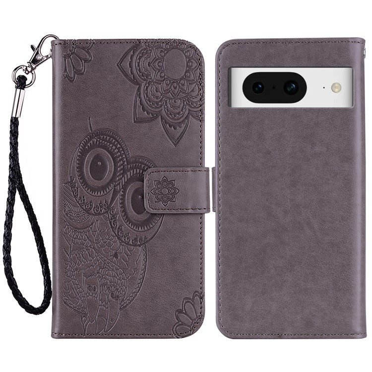 For Google Pixel 9 Pro  /  Pixel 9 Case Owl Flower Imprinted Leather Cover Wallet with Strap - Grey