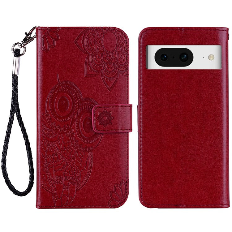 For Google Pixel 9 Pro  /  Pixel 9 Case Owl Flower Imprinted Leather Cover Wallet with Strap - Red