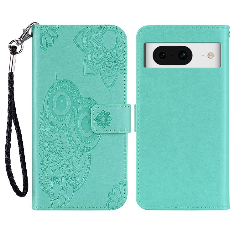 For Google Pixel 9 Pro  /  Pixel 9 Case Owl Flower Imprinted Leather Cover Wallet with Strap - Cyan