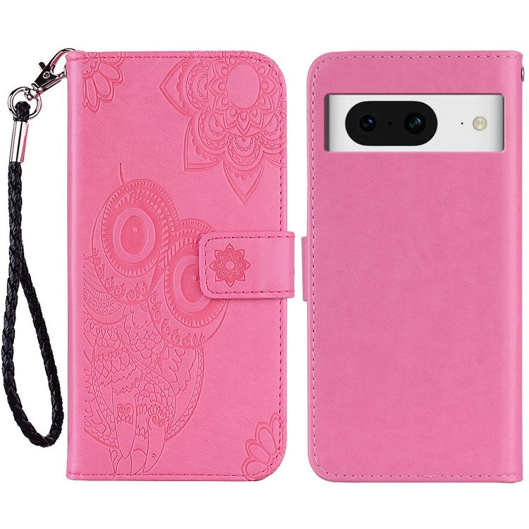 For Google Pixel 9 Pro  /  Pixel 9 Case Owl Flower Imprinted Leather Cover Wallet with Strap - Rose