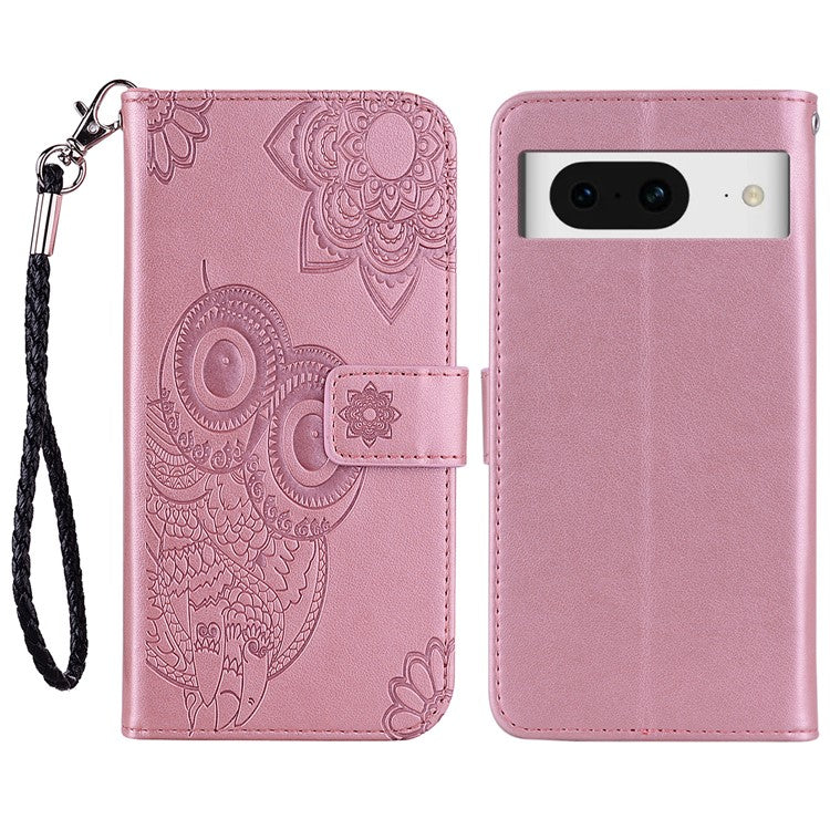For Google Pixel 9 Pro  /  Pixel 9 Case Owl Flower Imprinted Leather Cover Wallet with Strap - Rose Gold