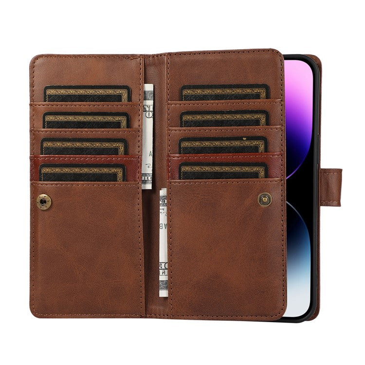 For iPhone 16 Pro Case Split Leather Magnetic Wallet Phone Protector with Wrist Strap - Coffee