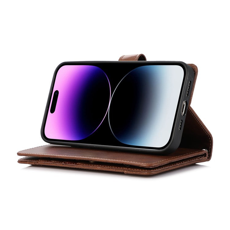 For iPhone 16 Pro Case Split Leather Magnetic Wallet Phone Protector with Wrist Strap - Coffee