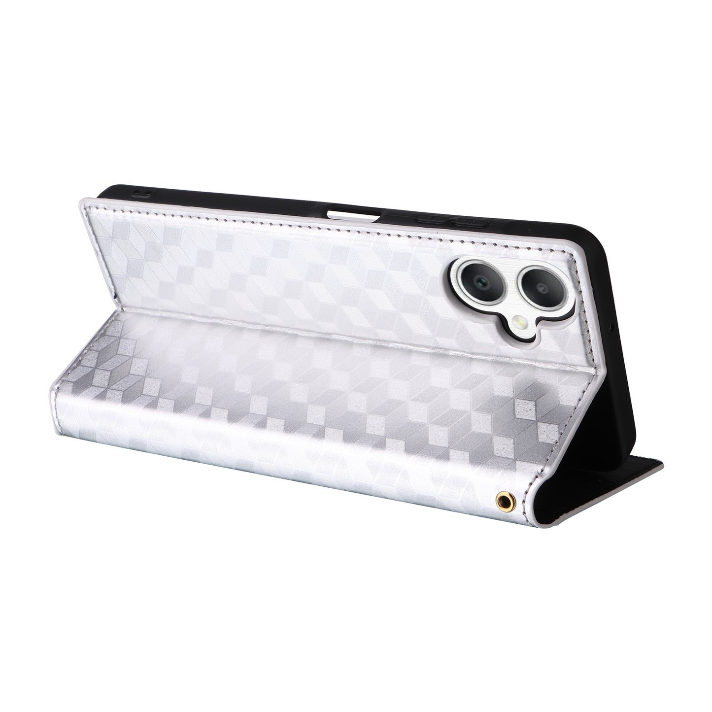 For Samsung Galaxy A06 Wallet Case Rhombus Imprinted Leather Phone Cover - Silver