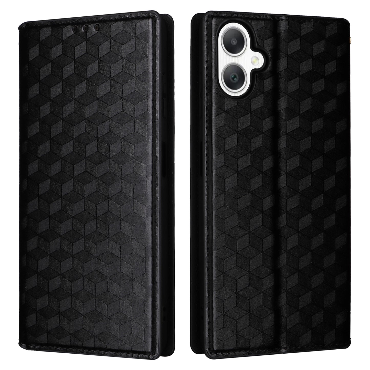 For Samsung Galaxy A06 Wallet Case Rhombus Imprinted Leather Phone Cover - Black