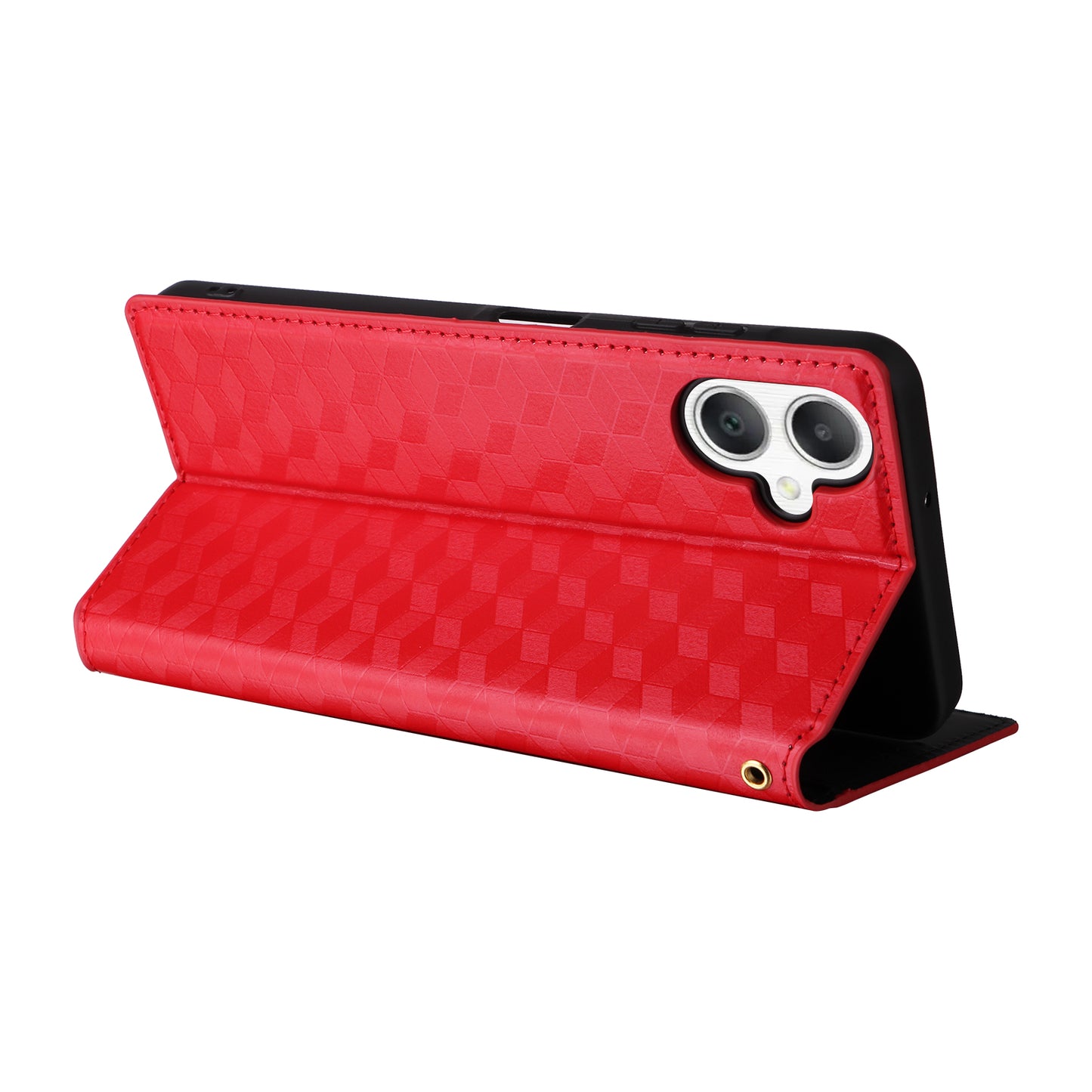 For Samsung Galaxy A06 Wallet Case Rhombus Imprinted Leather Phone Cover - Red