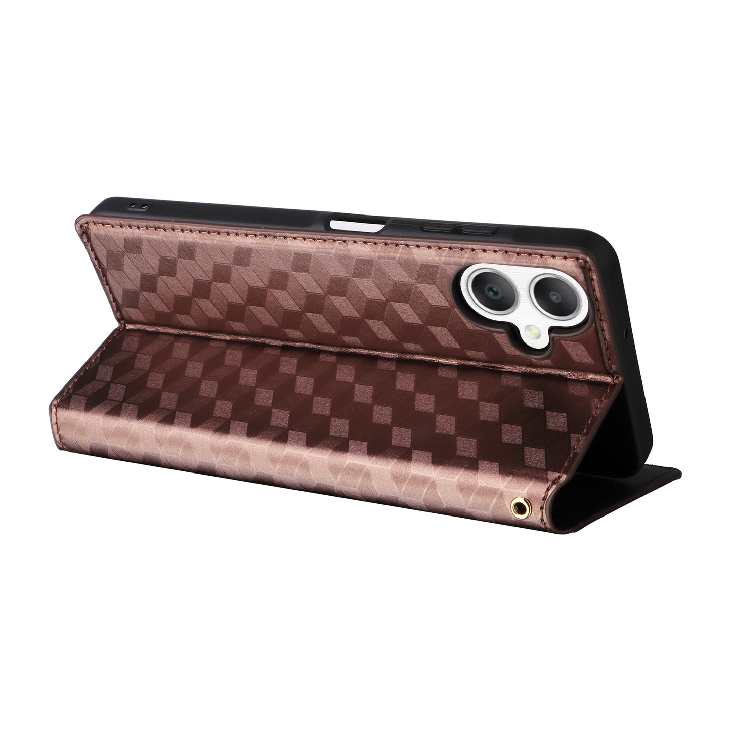 For Samsung Galaxy A06 Wallet Case Rhombus Imprinted Leather Phone Cover - Brown