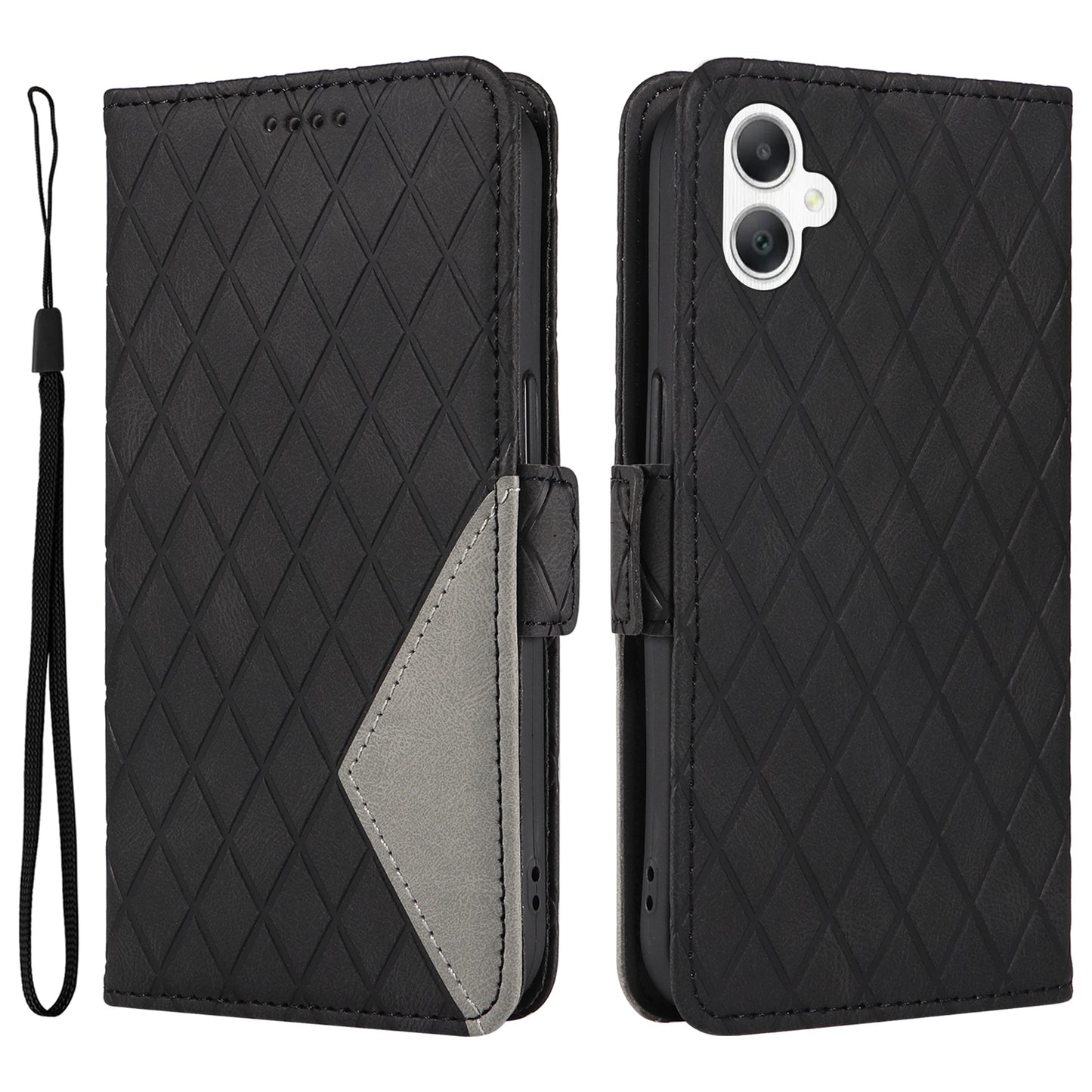 For Samsung Galaxy A06 Case Rhombus PU Leather Flip Phone Cover - Black