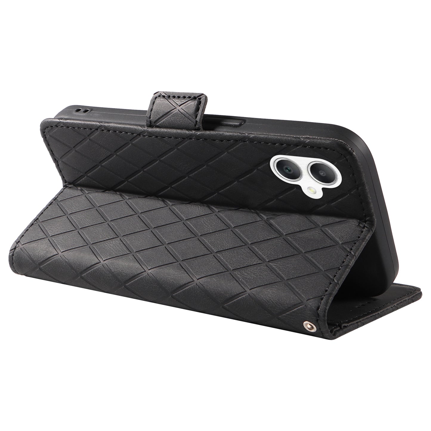 For Samsung Galaxy A06 Case Rhombus PU Leather Flip Phone Cover - Black