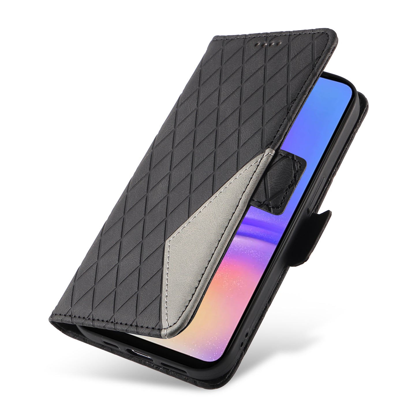 For Samsung Galaxy A06 Case Rhombus PU Leather Flip Phone Cover - Black