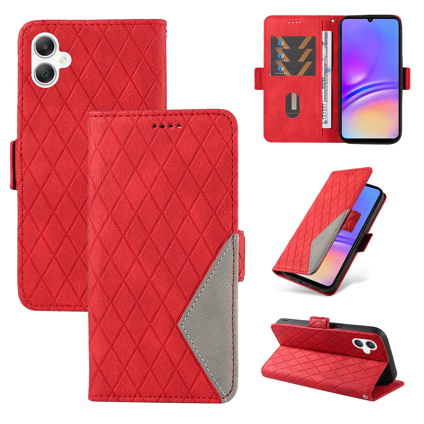 For Samsung Galaxy A06 Case Rhombus PU Leather Flip Phone Cover - Red