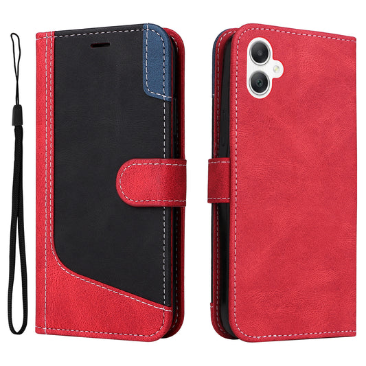 For Samsung Galaxy A06 Case Flip Wallet Leather Phone Cover 3 Color Splicing - Red