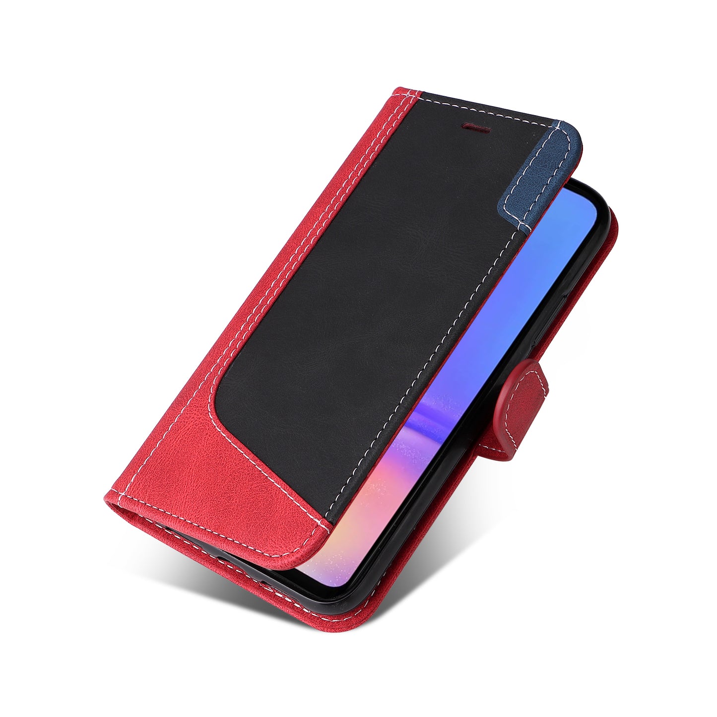 For Samsung Galaxy A06 Case Flip Wallet Leather Phone Cover 3 Color Splicing - Red