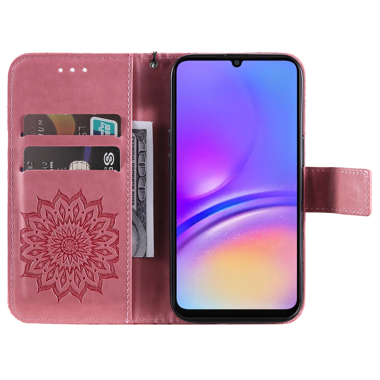 KT Imprinting Flower Series-1 For Samsung Galaxy A06 Case Sunflower Leather Wallet Folio Phone Cover - Pink
