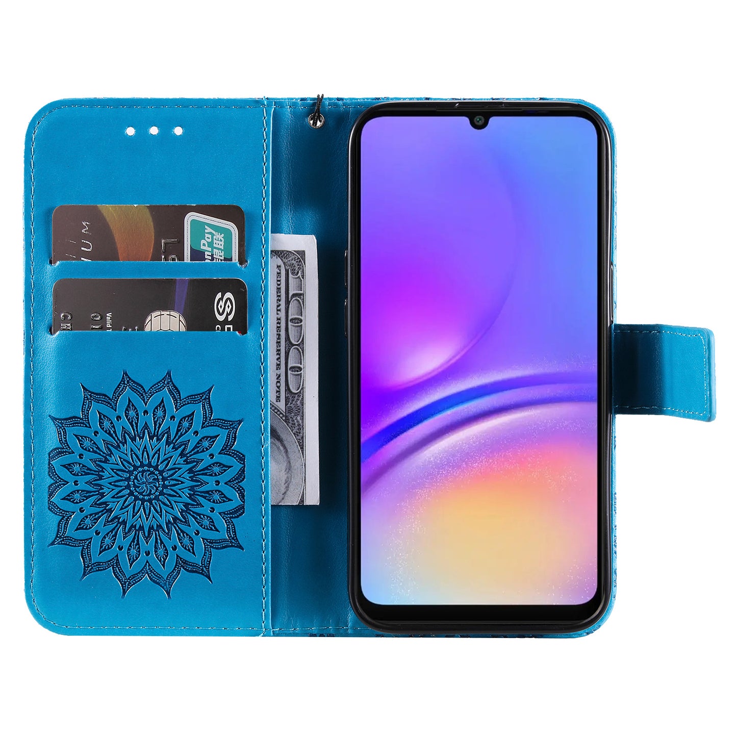 KT Imprinting Flower Series-1 For Samsung Galaxy A06 Case Sunflower Leather Wallet Folio Phone Cover - Blue