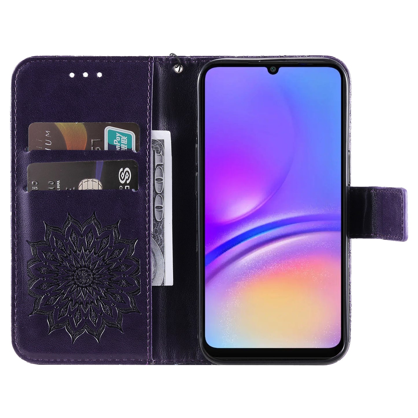 KT Imprinting Flower Series-1 For Samsung Galaxy A06 Case Sunflower Leather Wallet Folio Phone Cover - Purple