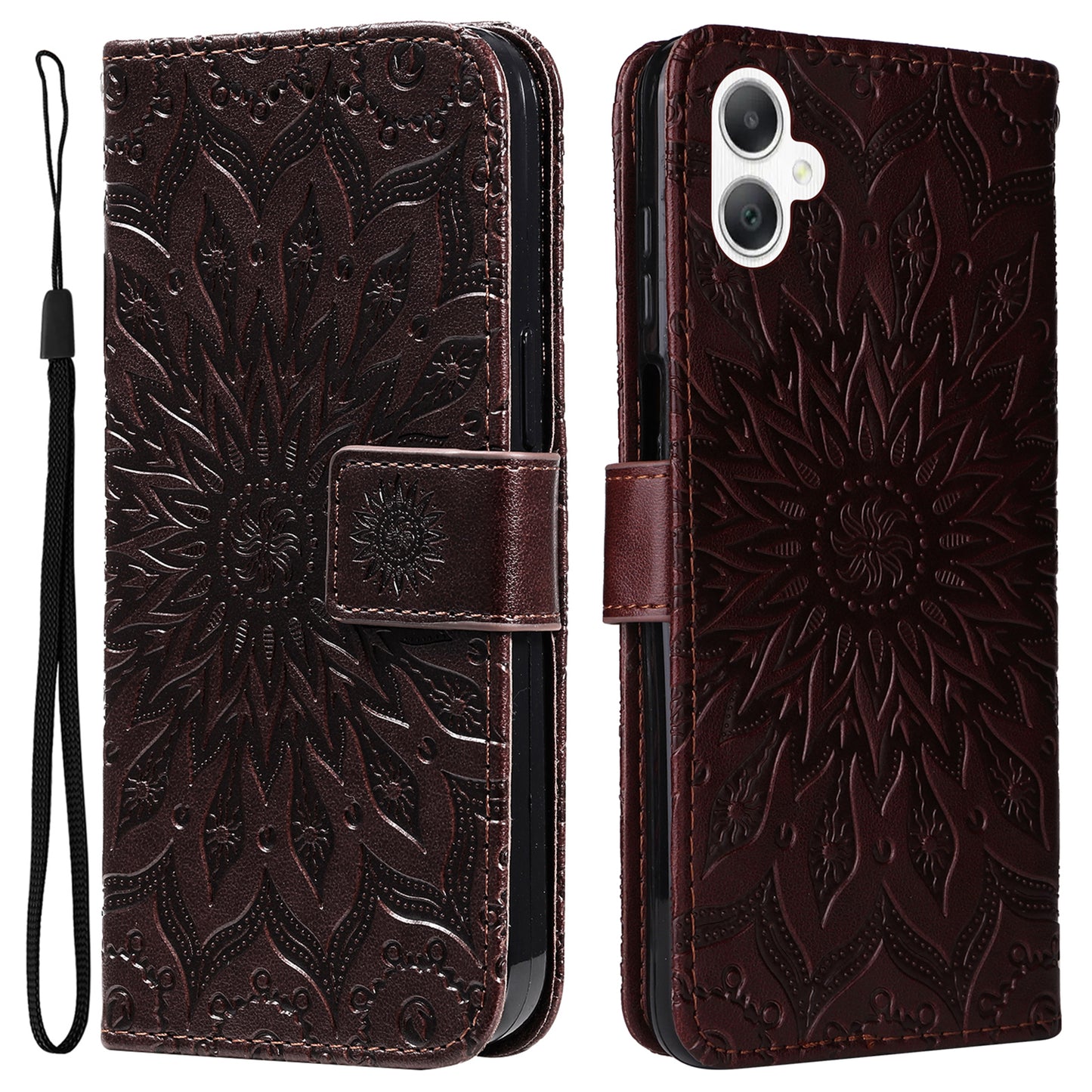 KT Imprinting Flower Series-1 For Samsung Galaxy A06 Case Sunflower Leather Wallet Folio Phone Cover - Brown