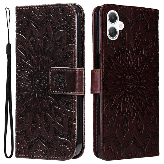 KT Imprinting Flower Series-1 For Samsung Galaxy A06 Case Sunflower Leather Wallet Folio Phone Cover - Brown