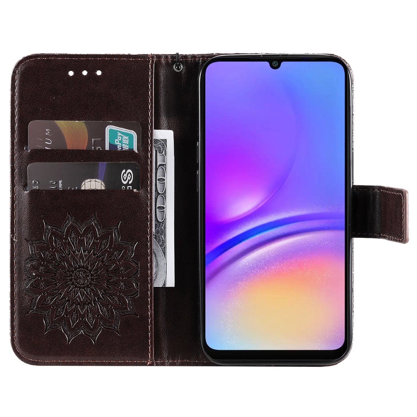 KT Imprinting Flower Series-1 For Samsung Galaxy A06 Case Sunflower Leather Wallet Folio Phone Cover - Brown